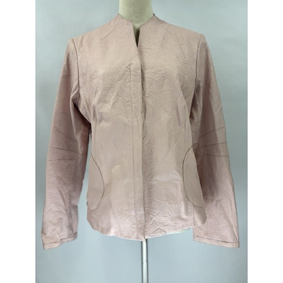 A Line Anne Klein Leather Jacket Pink 12 Wrinkled Effect Single Breasted Moto - Picture 1 of 12